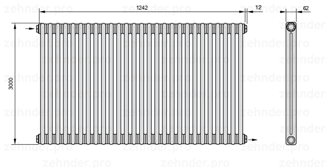Схема (чертеж) Радиатор Zehnder Charleston 2300/27 №1670 Белый глянцевый RAL 9016